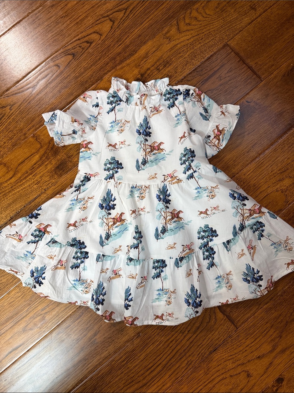 Girls White Floral & Horse Print Tiered Dress